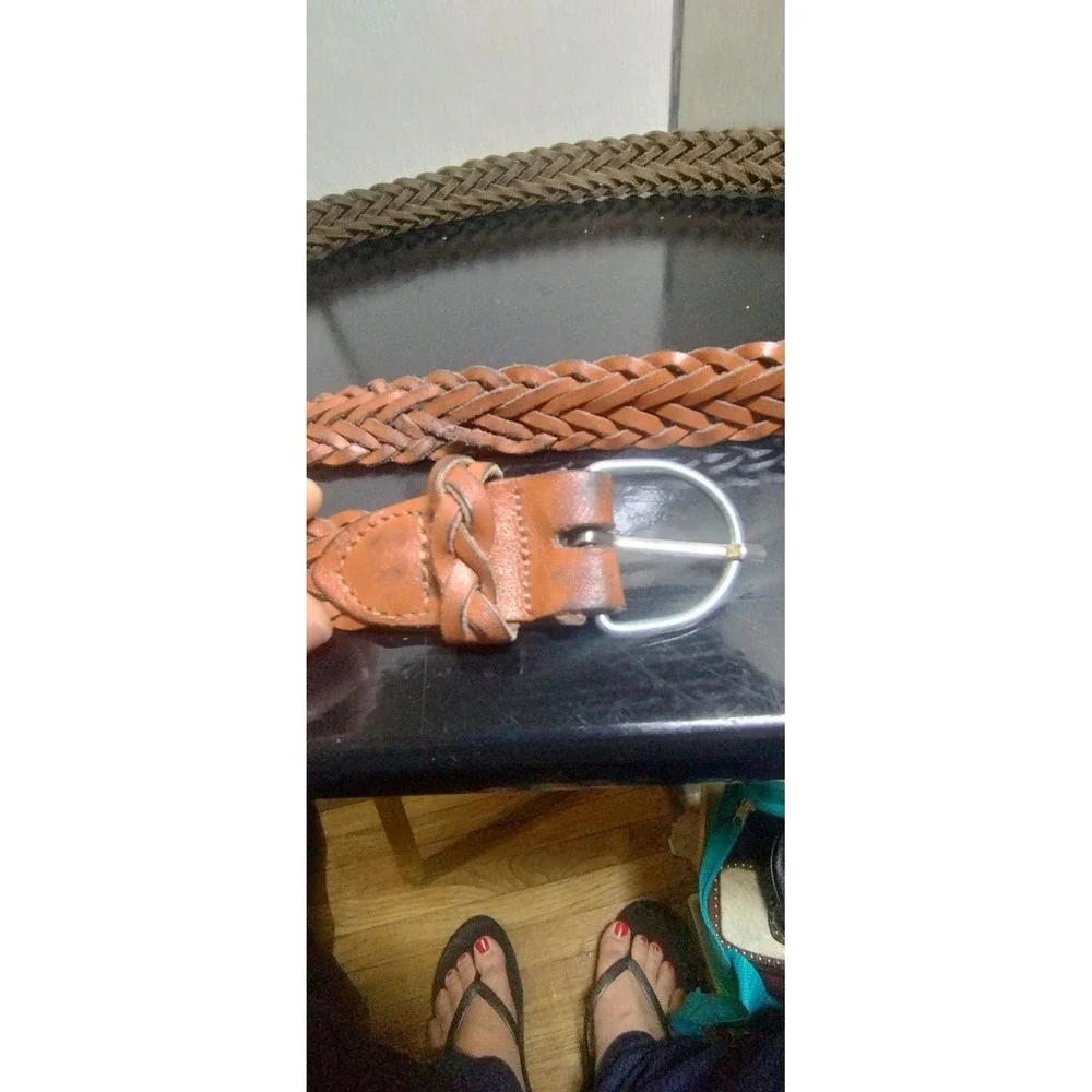 Vintage Cognac Brown Braided Genuine Leather Belt Silver Buckle Size ML 1 Inch